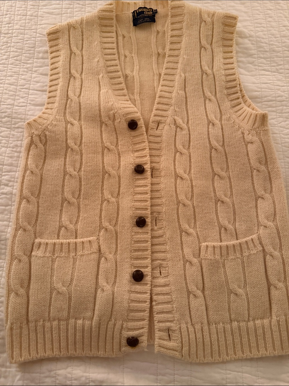 Cable-Knit Wool Button Front Sweater Vest in Cream by Raquet Club